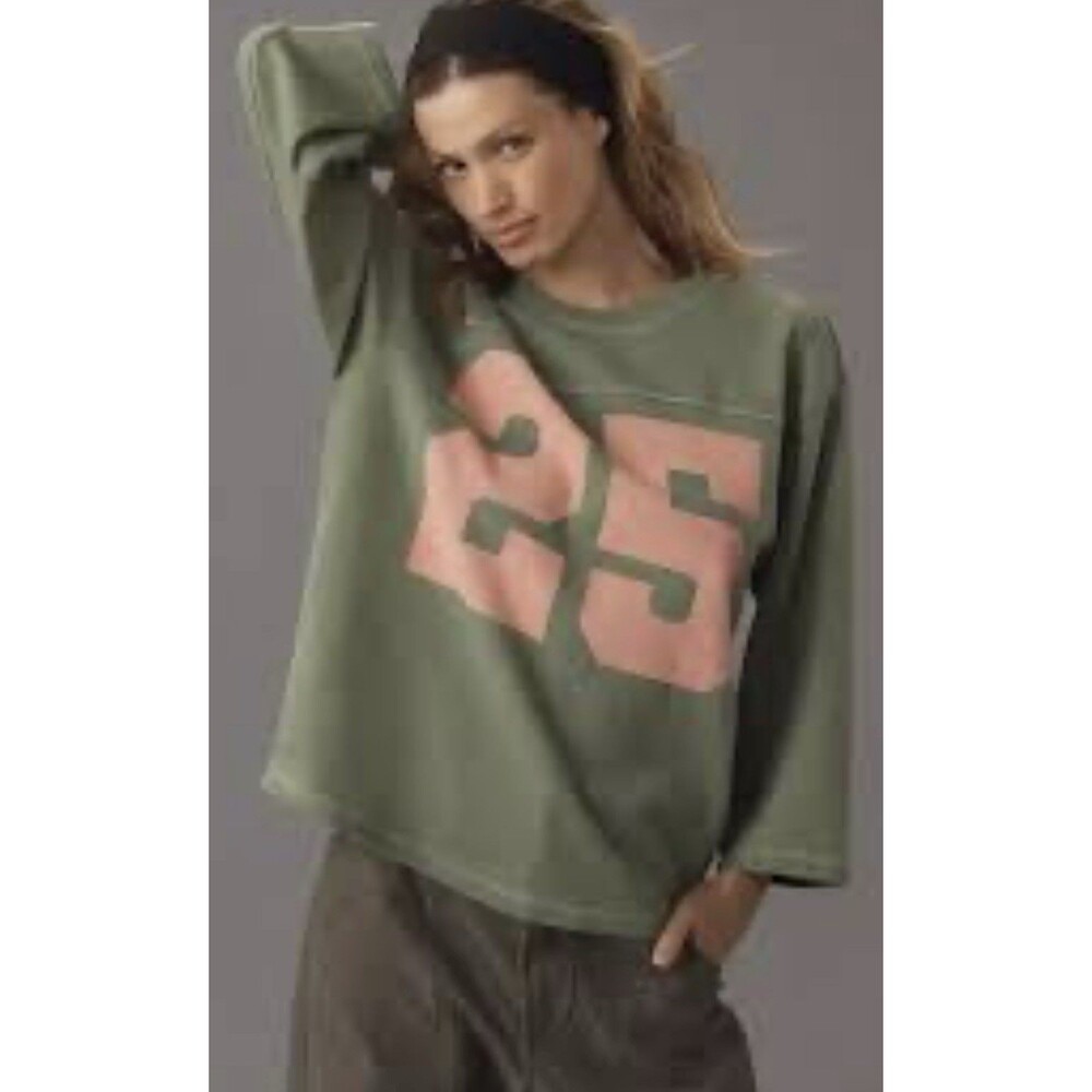 Anthropologie Pilcro 3/4 Sleeve Varsity Tee 25 Green Pink Pullover Blouse Top Sm